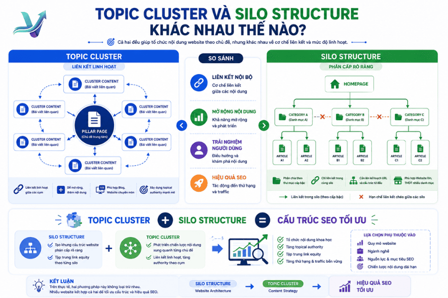 Sự khác nhau topic cluster và silo structure