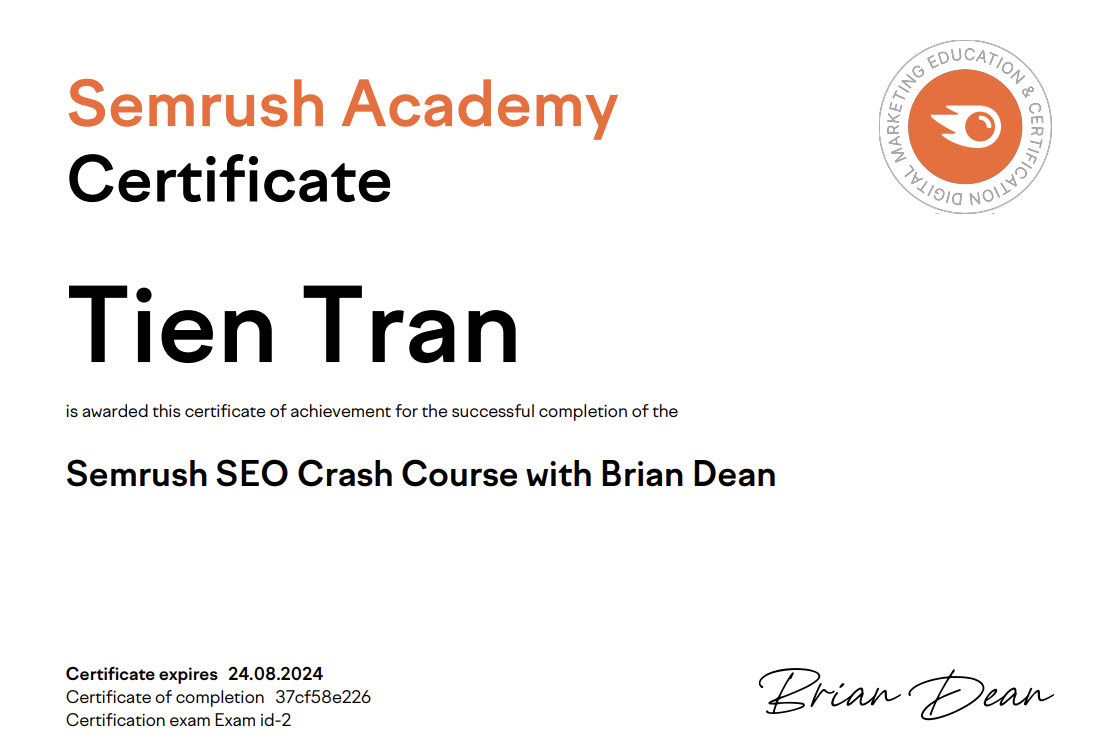 Chứng chỉ SEMRush của Trần Mạnh Tiến